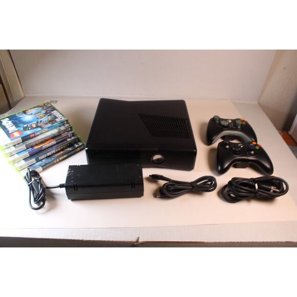 Xbox 360 Slim 250GB Black Console System Game Lot Bundle, 5 games, 2 controllers